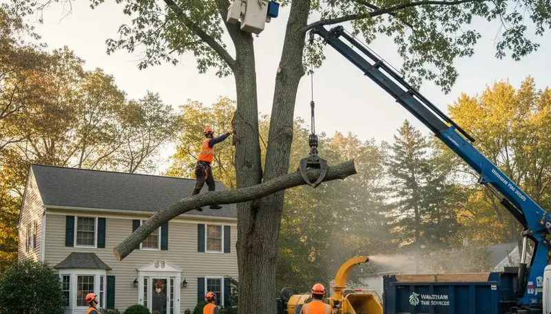 Professional crew performing safe residential tree removal with crane and chainsaws in Waltham, MA