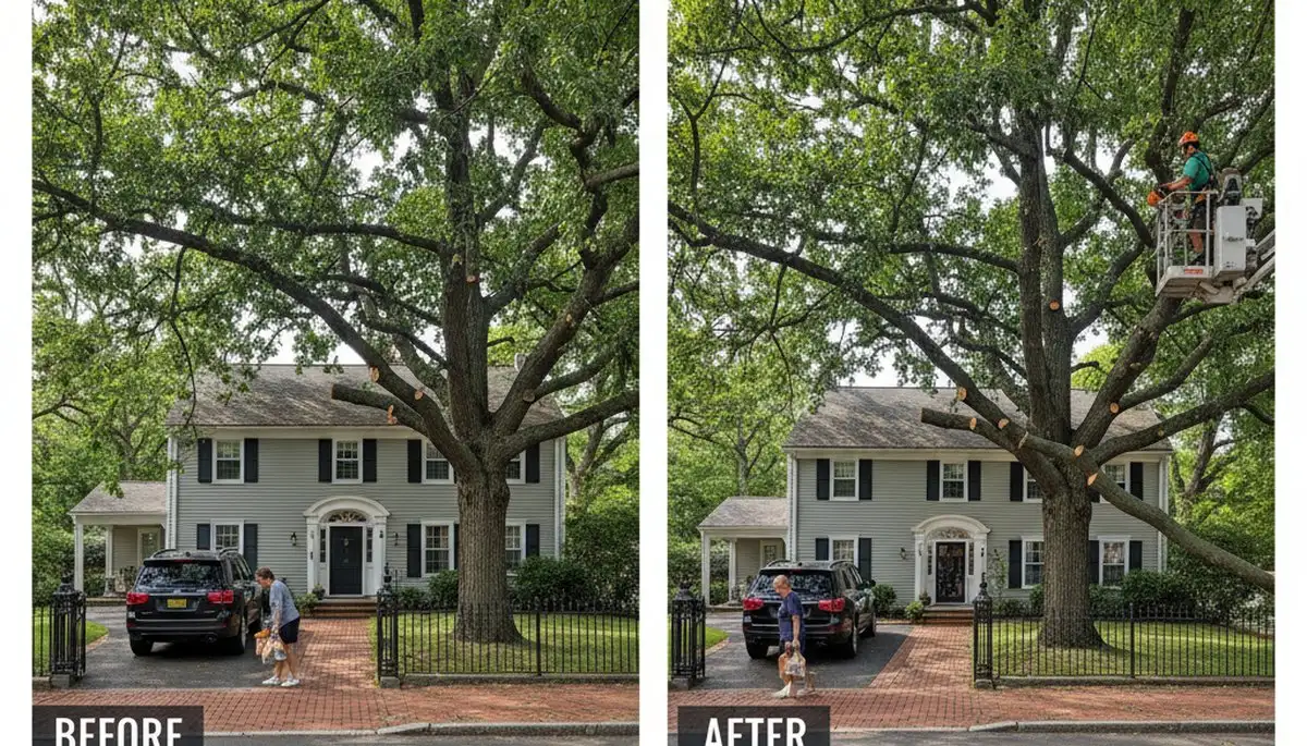 Arborist lifting tree canopy for driveway clearance in Waltham, MA tree trimming service