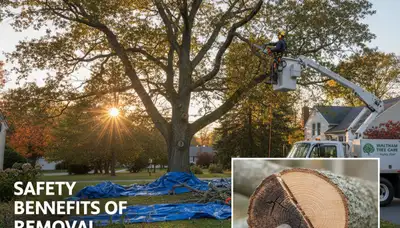Arborist trimming dead branches from mature tree with safety gear in Waltham, MA