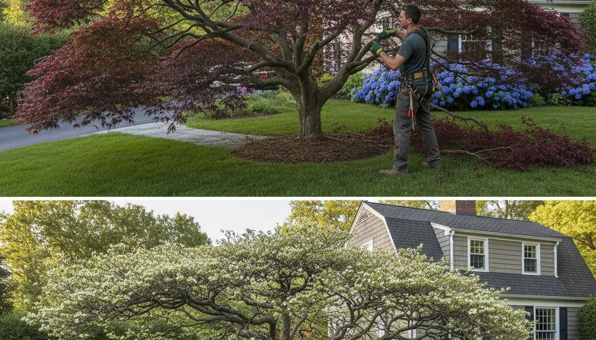Arborist hand pruning ornamental Japanese maple for refined landscape appeal in Waltham, MA