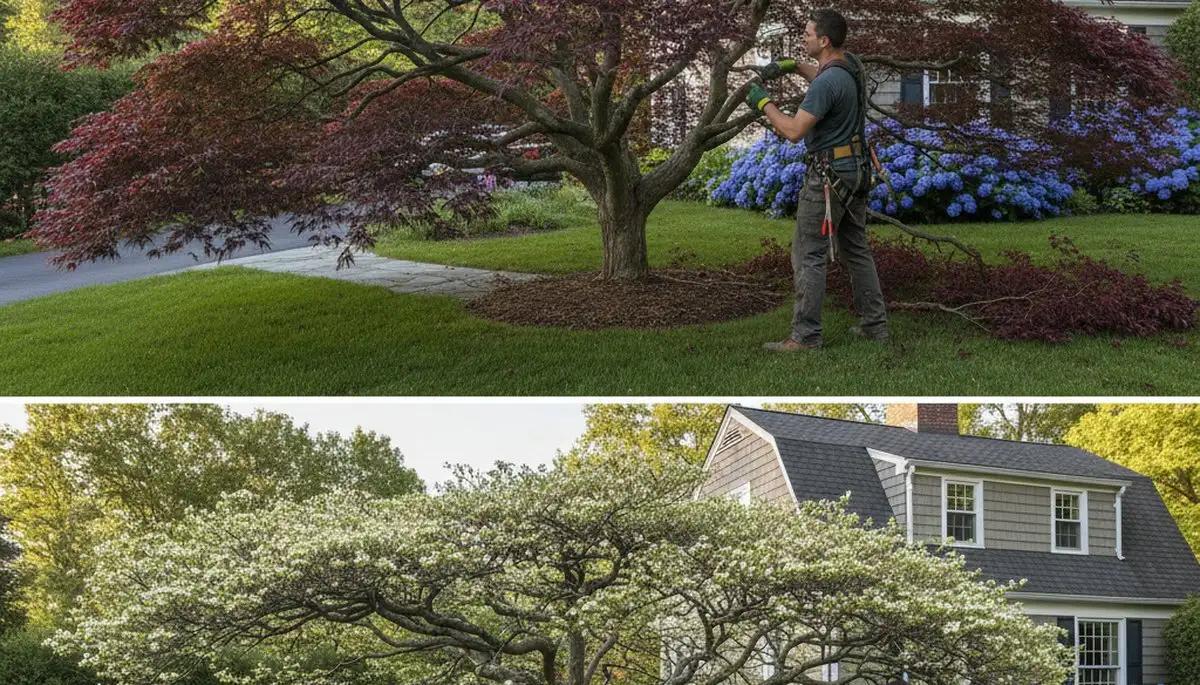 Arborist hand pruning ornamental Japanese maple for refined landscape appeal in Waltham, MA