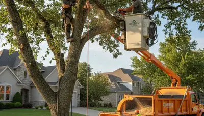 Arborist performing tree pruning on mature oak in Waltham, MA for Chop Chop Tree service