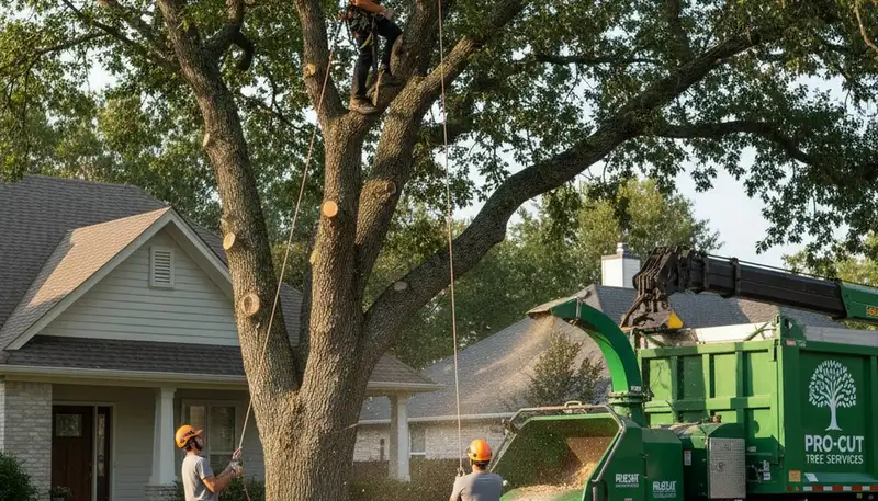 Professional tree removal service safely cutting large oak tree in Waltham, MA