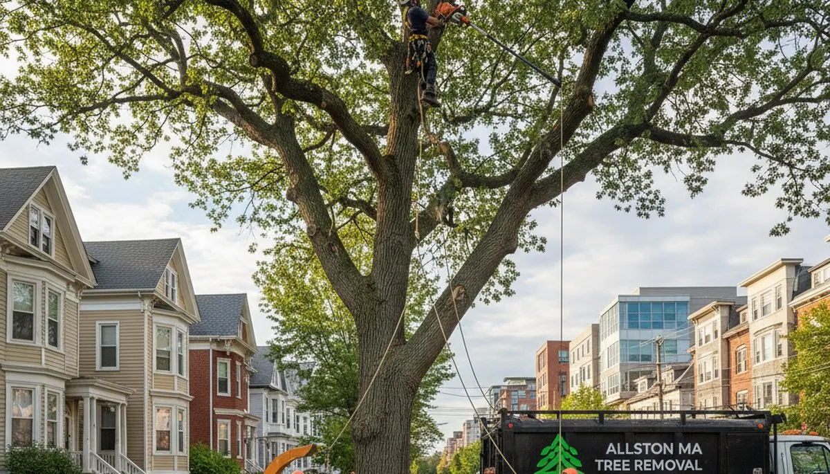 Professional tree removal service in Waltham MA safely clearing large oak tree