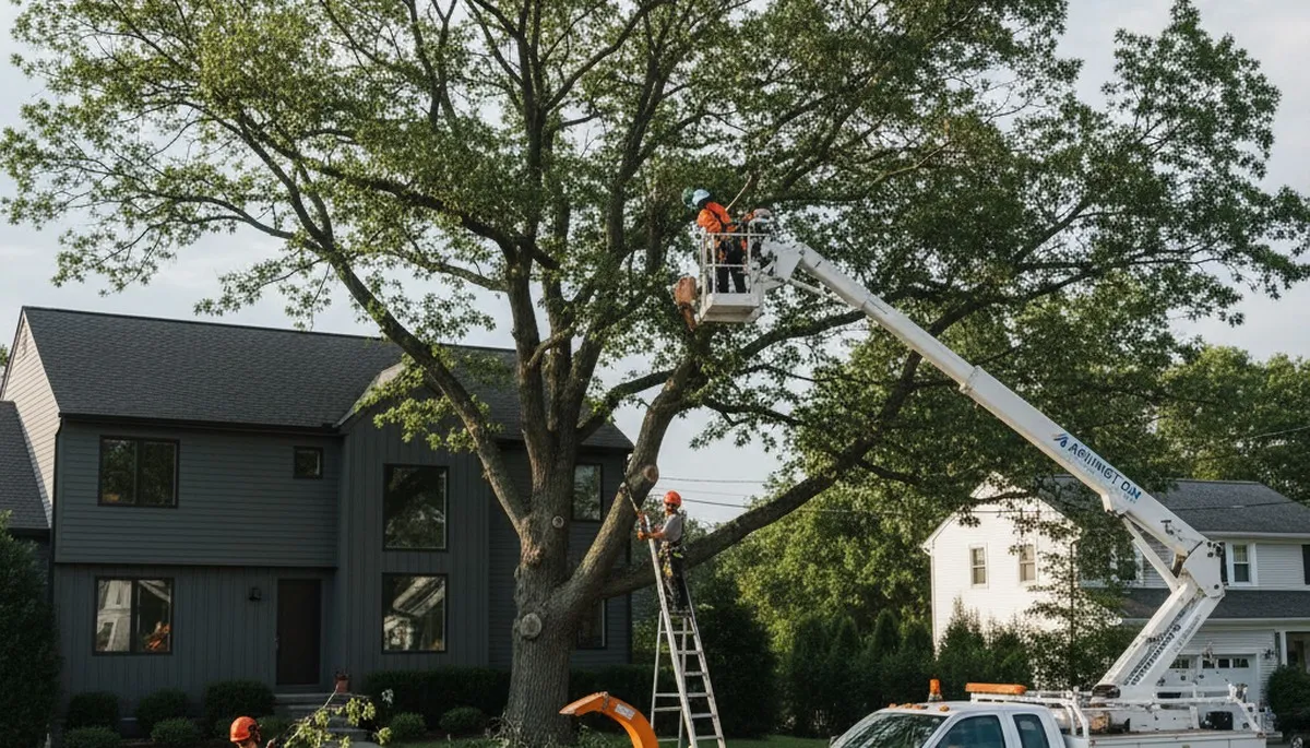 Professional tree removal service in Waltham MA safely cutting large oak tree