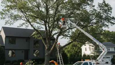 Professional tree removal service in Waltham MA safely cutting large oak tree