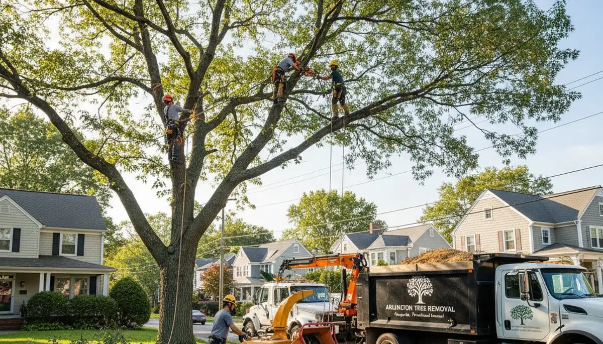 Professional tree removal service in Waltham MA safely cutting and clearing large backyard trees