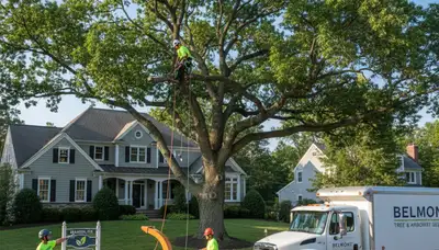 Professional tree removal service in Waltham MA safely cutting and clearing large oak trees