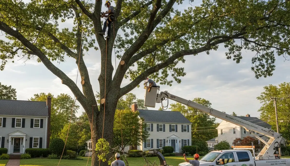 Professional tree removal service in Waltham MA safely clearing large oak tree