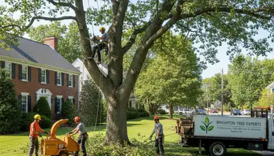 Professional tree removal service in Waltham MA safely cutting and clearing large oak tree