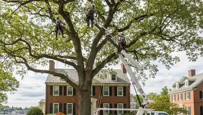 Professional tree removal service in Waltham MA safely clearing large oak trees