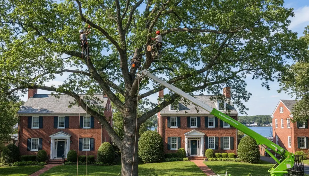 Professional tree removal service in Waltham MA safely cutting down large oak tree