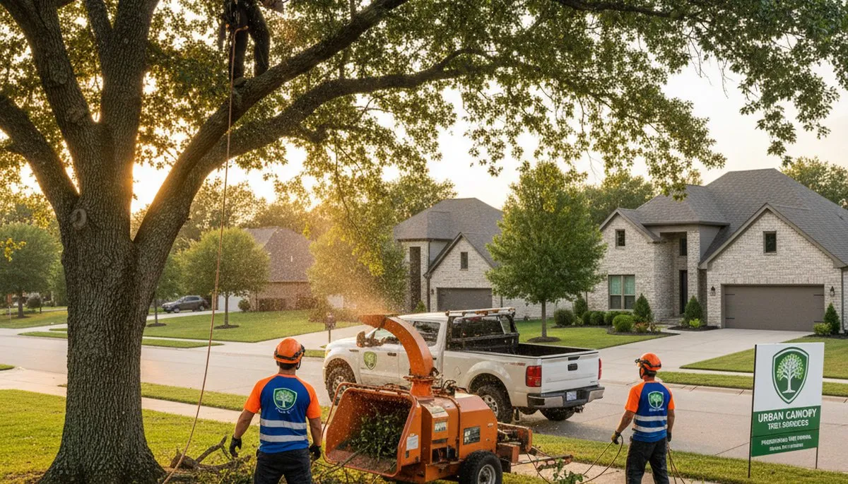 Arborist trimming large oak tree in residential yard, professional tree service in Waltham, MA