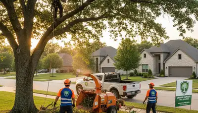 Arborist trimming large oak tree in residential yard, professional tree service in Waltham, MA
