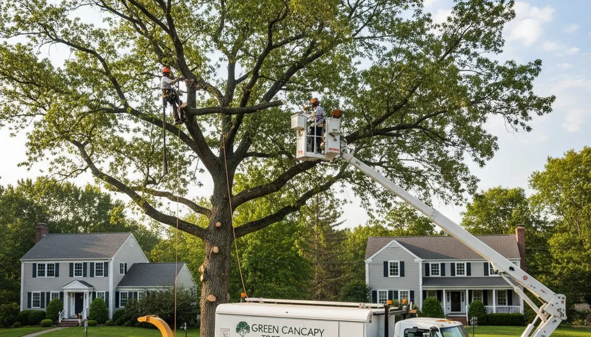 Professional tree removal service in Waltham MA safely cutting large tree near residential property