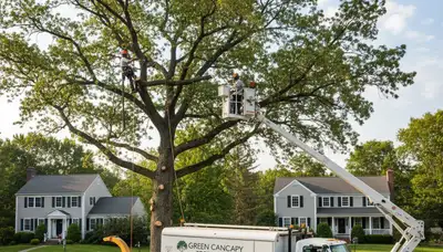 Professional tree removal service in Waltham MA safely cutting large tree near residential property