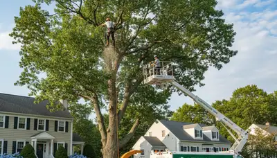 Professional tree removal service in Waltham MA with crew and equipment safely clearing large trees