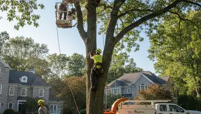 Professional tree removal service crew working safely in Waltham MA