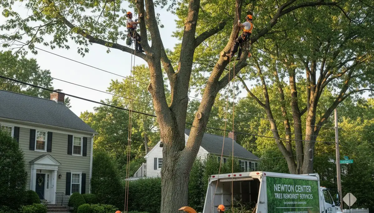 Professional tree removal service in Waltham MA safely cutting down large oak tree