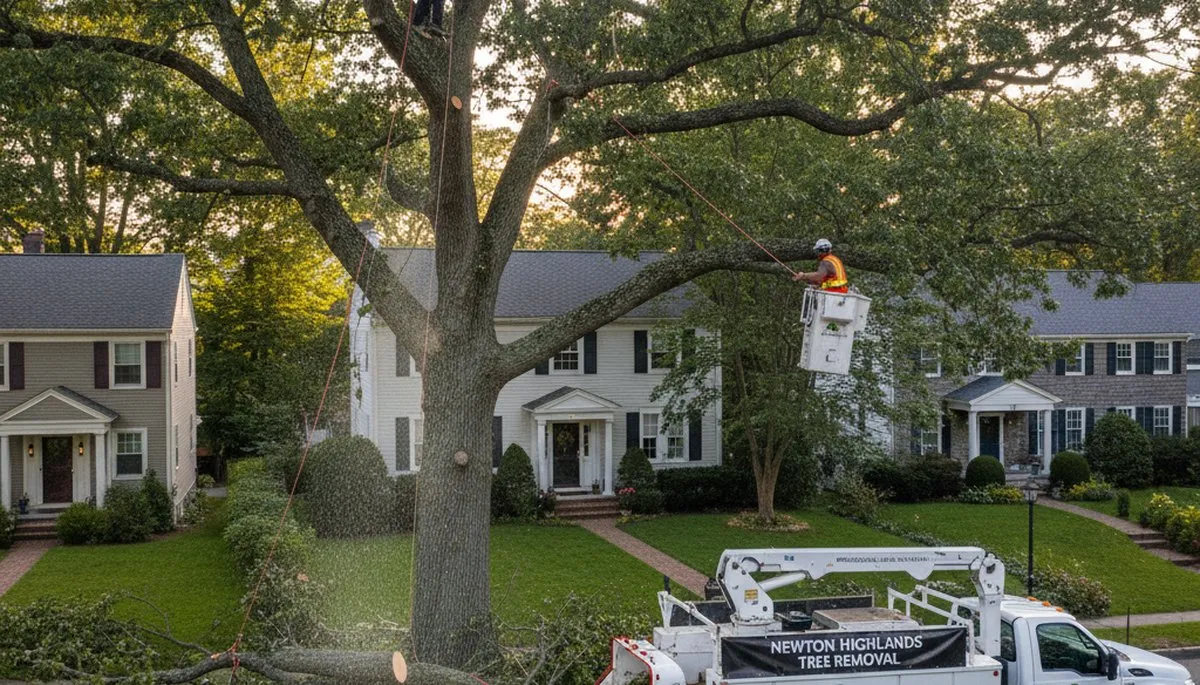Professional tree removal service in Waltham MA safely cutting large oak tree