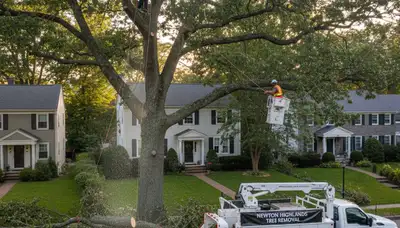 Professional tree removal service in Waltham MA safely cutting large oak tree