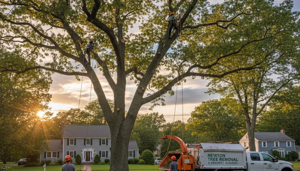 Professional tree removal service team working in Waltham, MA yard