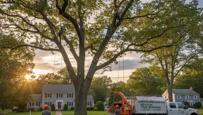 Professional tree removal service team working in Waltham, MA yard