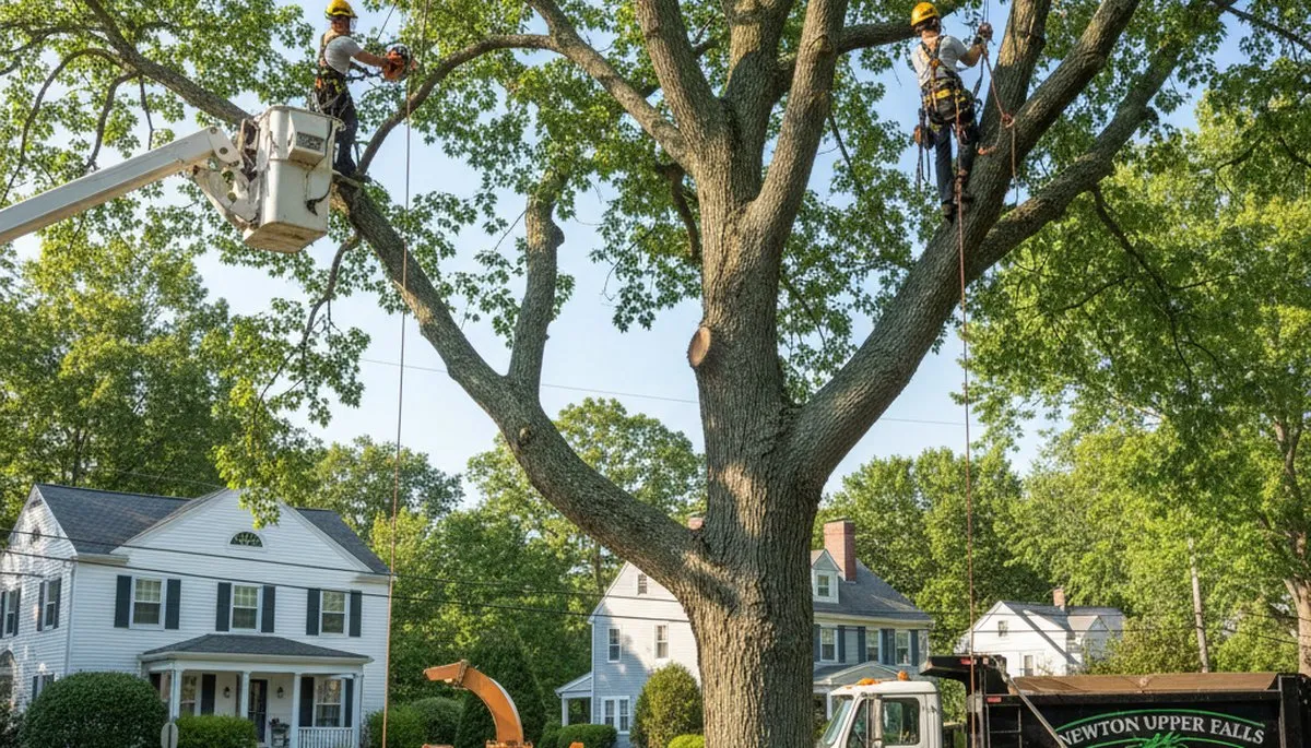 Professional tree removal crew working safely in Waltham MA residential neighborhood