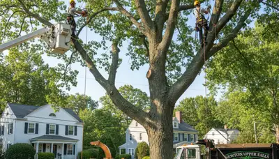 Professional tree removal crew working safely in Waltham MA residential neighborhood