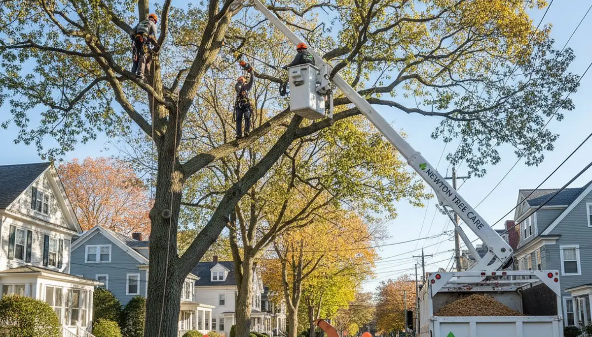 Professional tree removal service in Waltham MA safely cutting down large oak tree