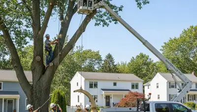 Professional tree removal service in Waltham MA safely cutting down large oak tree
