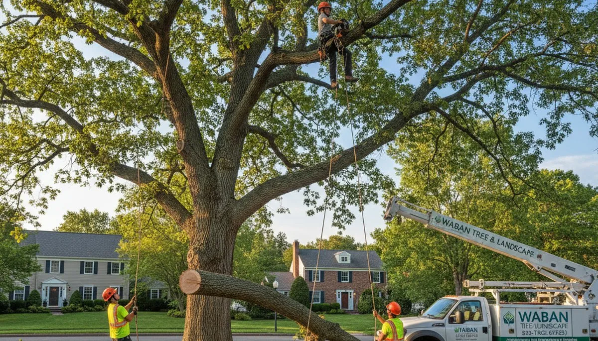 Professional tree removal service team working safely in Waltham MA