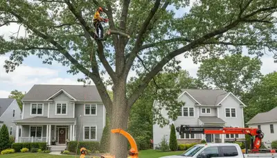 Professional tree removal service in Waltham MA safely clearing large oak tree