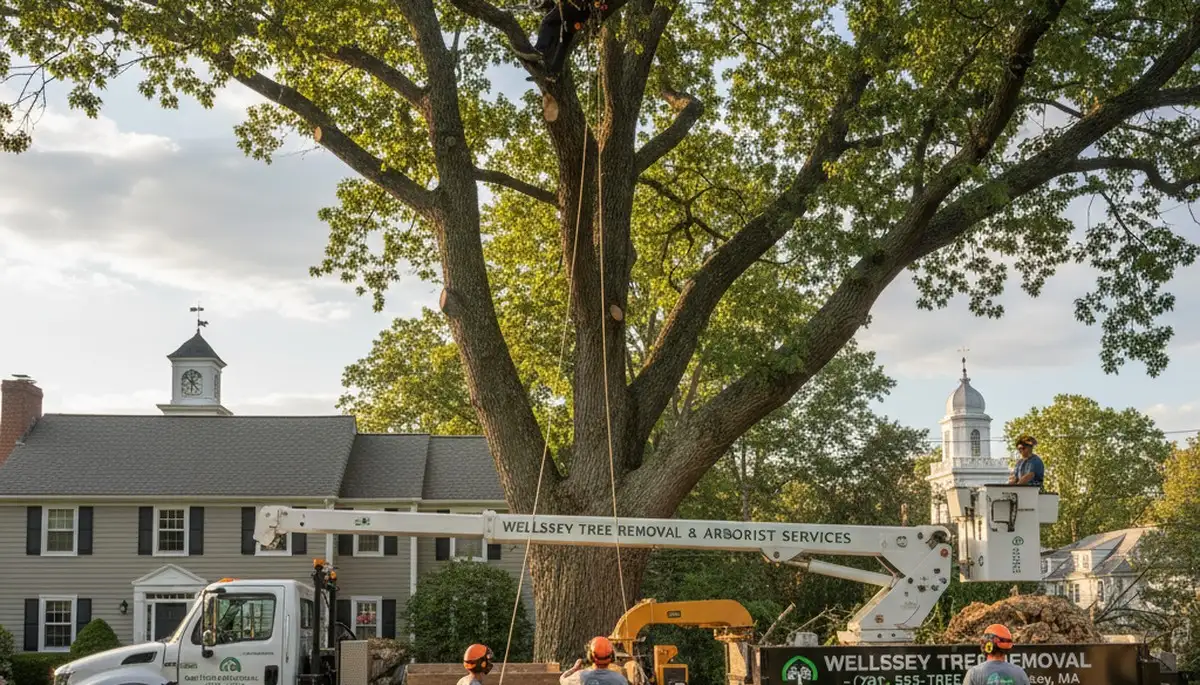 Professional tree removal service in Waltham MA safely clearing large oak trees