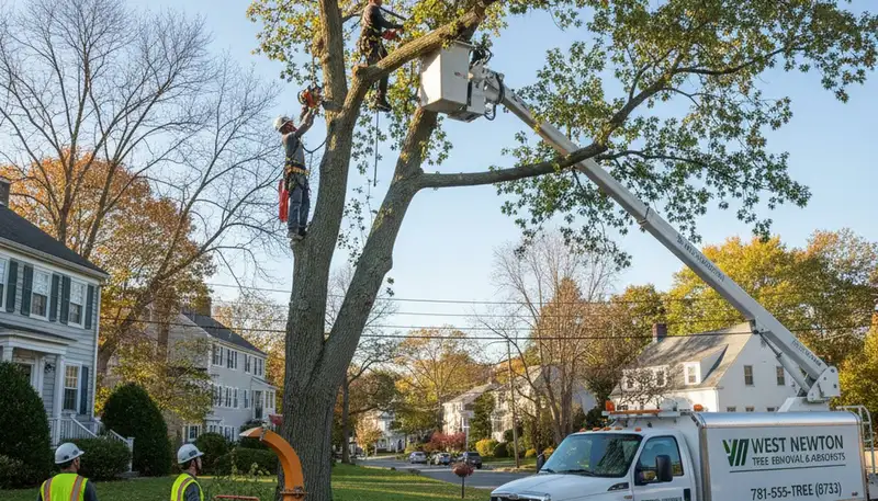 Professional tree removal service in Waltham MA safely clearing large oak tree