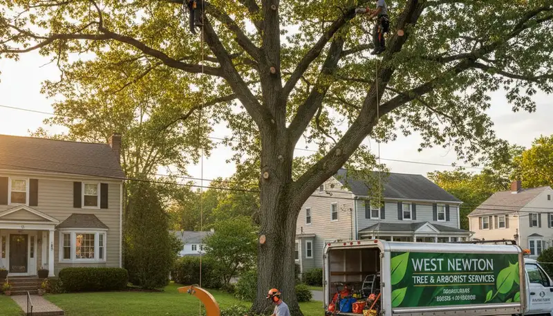 Professional tree removal service in Waltham MA safely cutting large oak branches