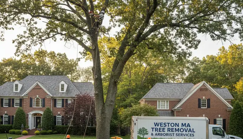Professional tree removal service in Waltham MA safely clearing large backyard oak tree
