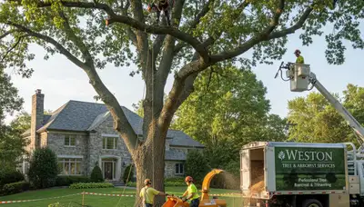Professional tree removal service crew working safely in Waltham MA residential area