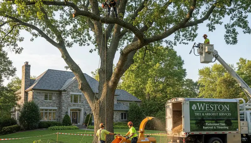 Professional tree removal service crew working safely in Waltham MA residential area